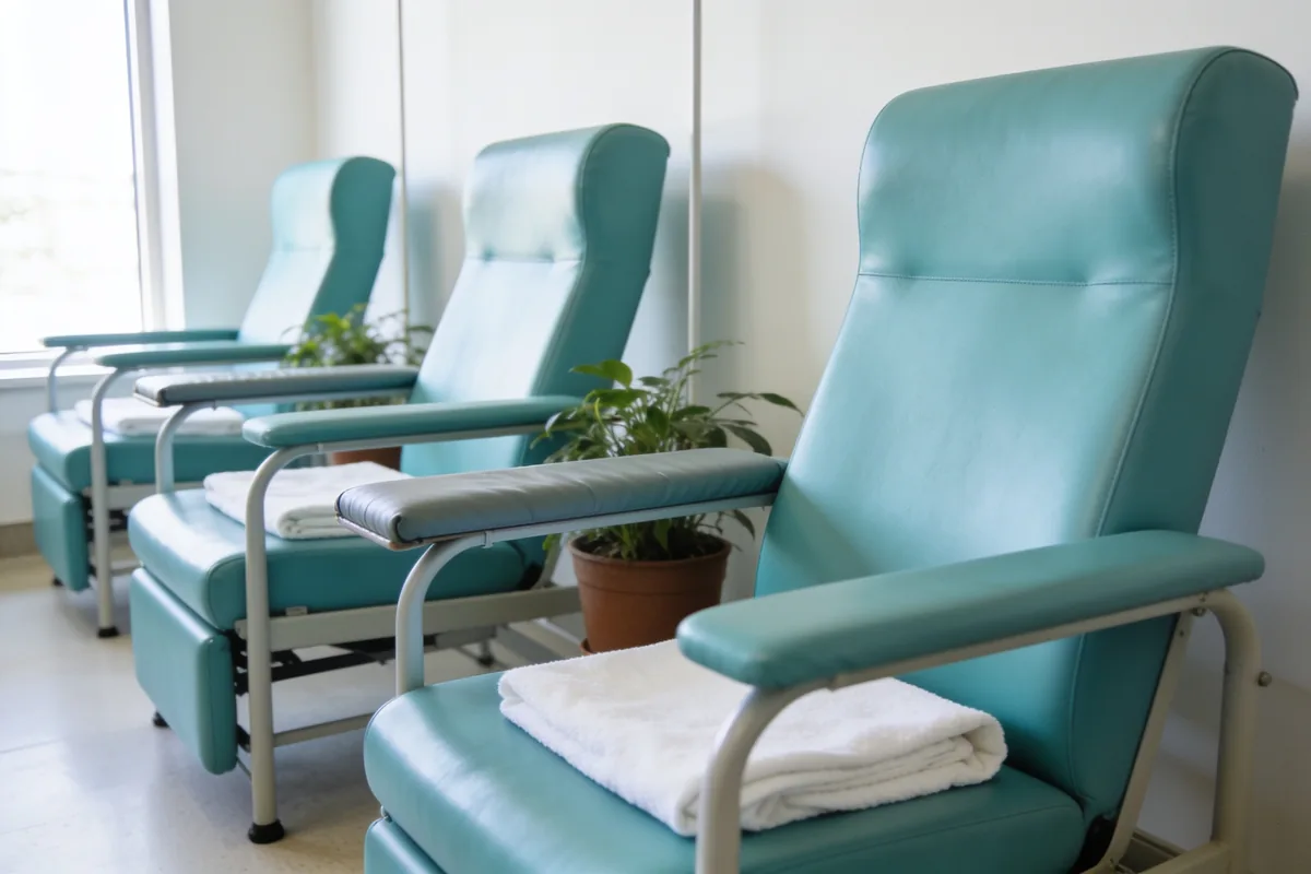 Three empty teal donor recliner chairs with long padded armrests and folded white towels in a bright donation room, with potted plants between them