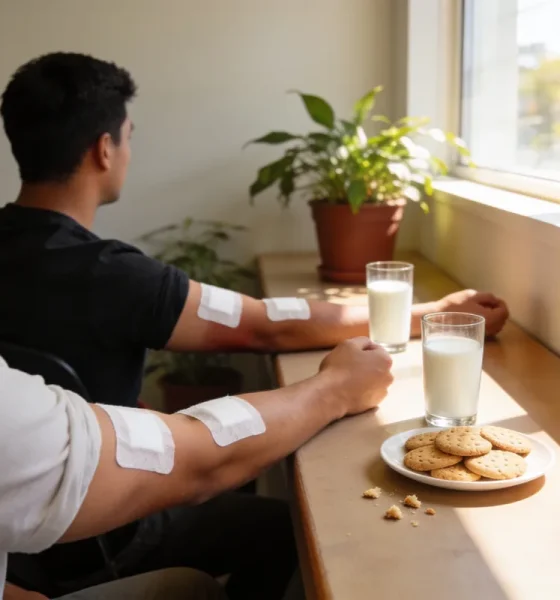 Two blood donors with white dressings on their arms sitting at a sunny window bench with glasses of milk and a plate of biscuits