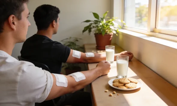 Two blood donors with white dressings on their arms sitting at a sunny window bench with glasses of milk and a plate of biscuits