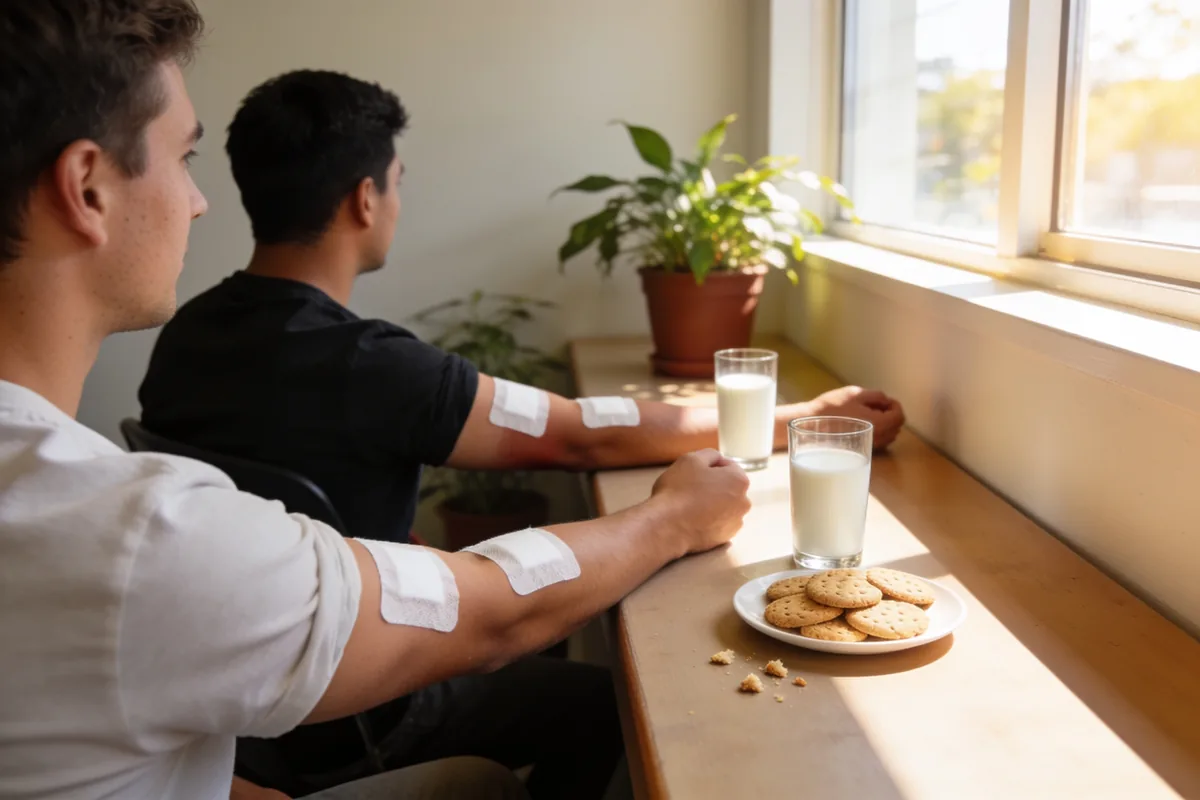 Two blood donors with white dressings on their arms sitting at a sunny window bench with glasses of milk and a plate of biscuits