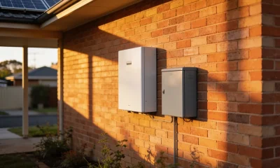 A white home battery unit and a grey box mounted on a brick wall in warm late-afternoon light, with rooftop solar panels at the top of the frame