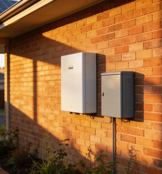 A white home battery unit and a grey box mounted on a brick wall in warm late-afternoon light, with rooftop solar panels at the top of the frame