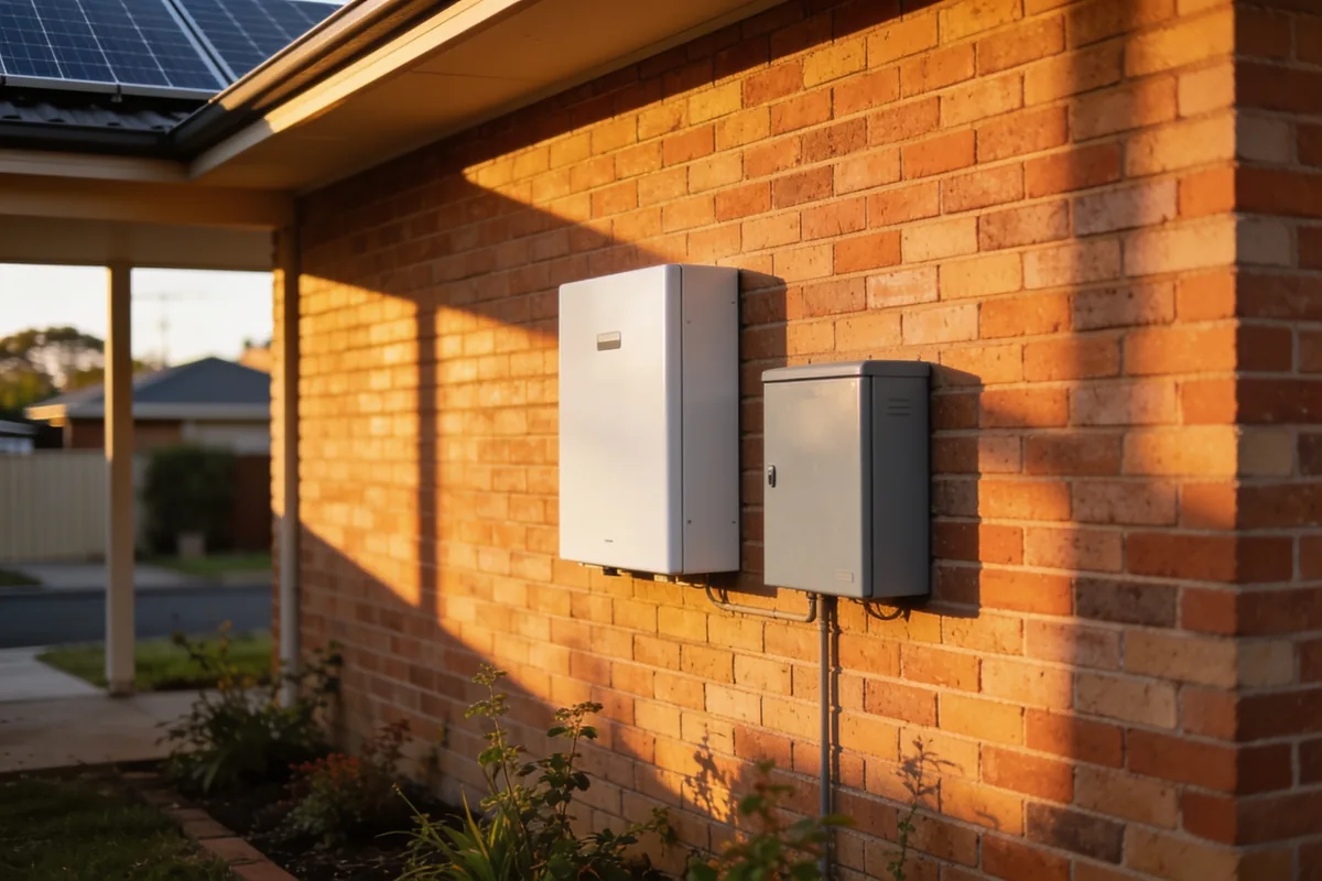 A white home battery unit and a grey box mounted on a brick wall in warm late-afternoon light, with rooftop solar panels at the top of the frame