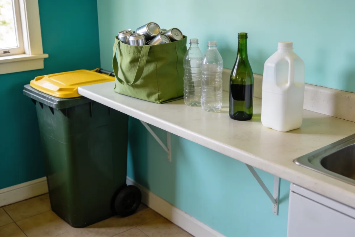 A laundry bench with a green bag of empty cans and two plastic drink bottles, a green glass wine bottle and a white plastic milk bottle further along, and a yellow-lidded recycling bin beside the bench