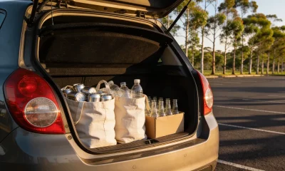 The open boot of a hatchback in a car park in late afternoon sun, holding two canvas bags of empty cans and plastic drink bottles and a cardboard box of empty glass bottles, with young eucalypts beyond