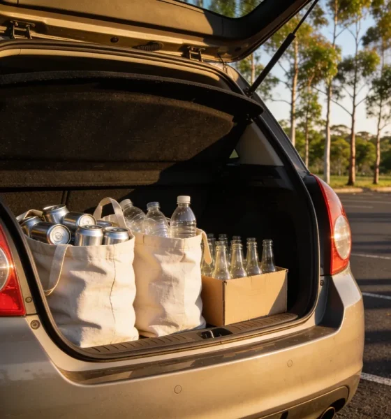 The open boot of a hatchback in a car park in late afternoon sun, holding two canvas bags of empty cans and plastic drink bottles and a cardboard box of empty glass bottles, with young eucalypts beyond
