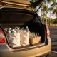 The open boot of a hatchback in a car park in late afternoon sun, holding two canvas bags of empty cans and plastic drink bottles and a cardboard box of empty glass bottles, with young eucalypts beyond