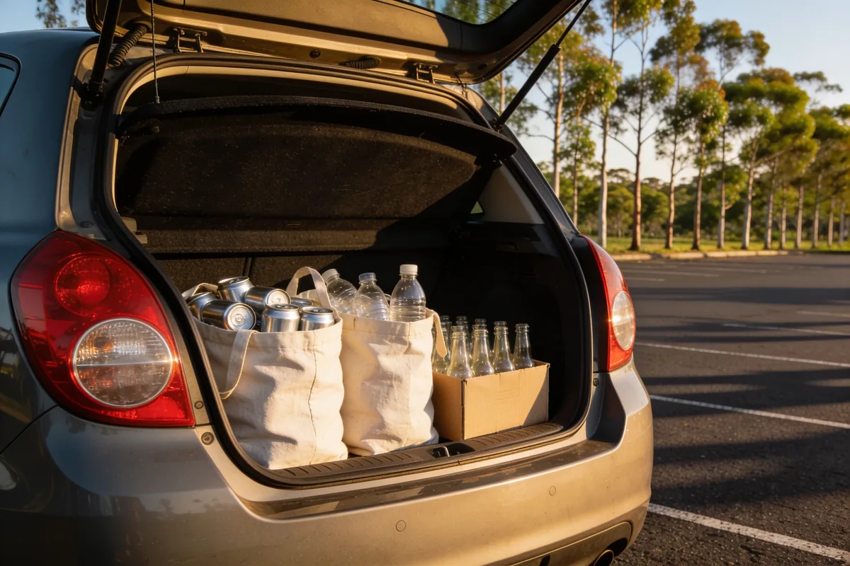 The open boot of a hatchback in a car park in late afternoon sun, holding two canvas bags of empty cans and plastic drink bottles and a cardboard box of empty glass bottles, with young eucalypts beyond