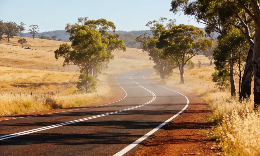 An empty two-lane country highway curving through dry golden paddocks and gum trees on a bright afternoon in the NSW Southern Highlands