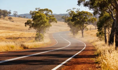 An empty two-lane country highway curving through dry golden paddocks and gum trees on a bright afternoon in the NSW Southern Highlands