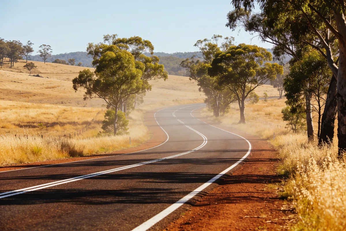 An empty two-lane country highway curving through dry golden paddocks and gum trees on a bright afternoon in the NSW Southern Highlands