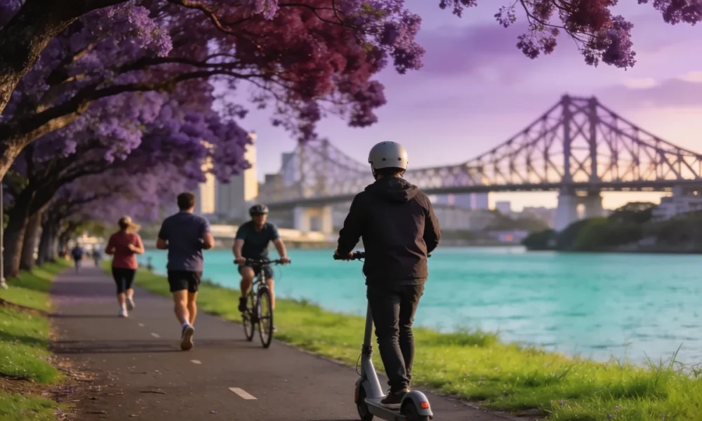 A commuter in a helmet riding an e-scooter along a riverside path past joggers and a cyclist, with jacaranda trees in bloom and the Story Bridge in the distance