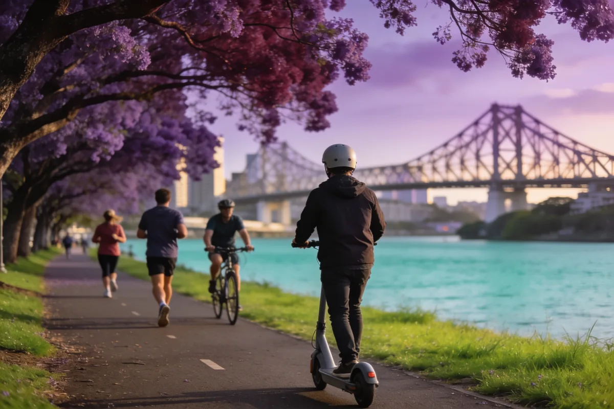 A commuter in a helmet riding an e-scooter along a riverside path past joggers and a cyclist, with jacaranda trees in bloom and the Story Bridge in the distance