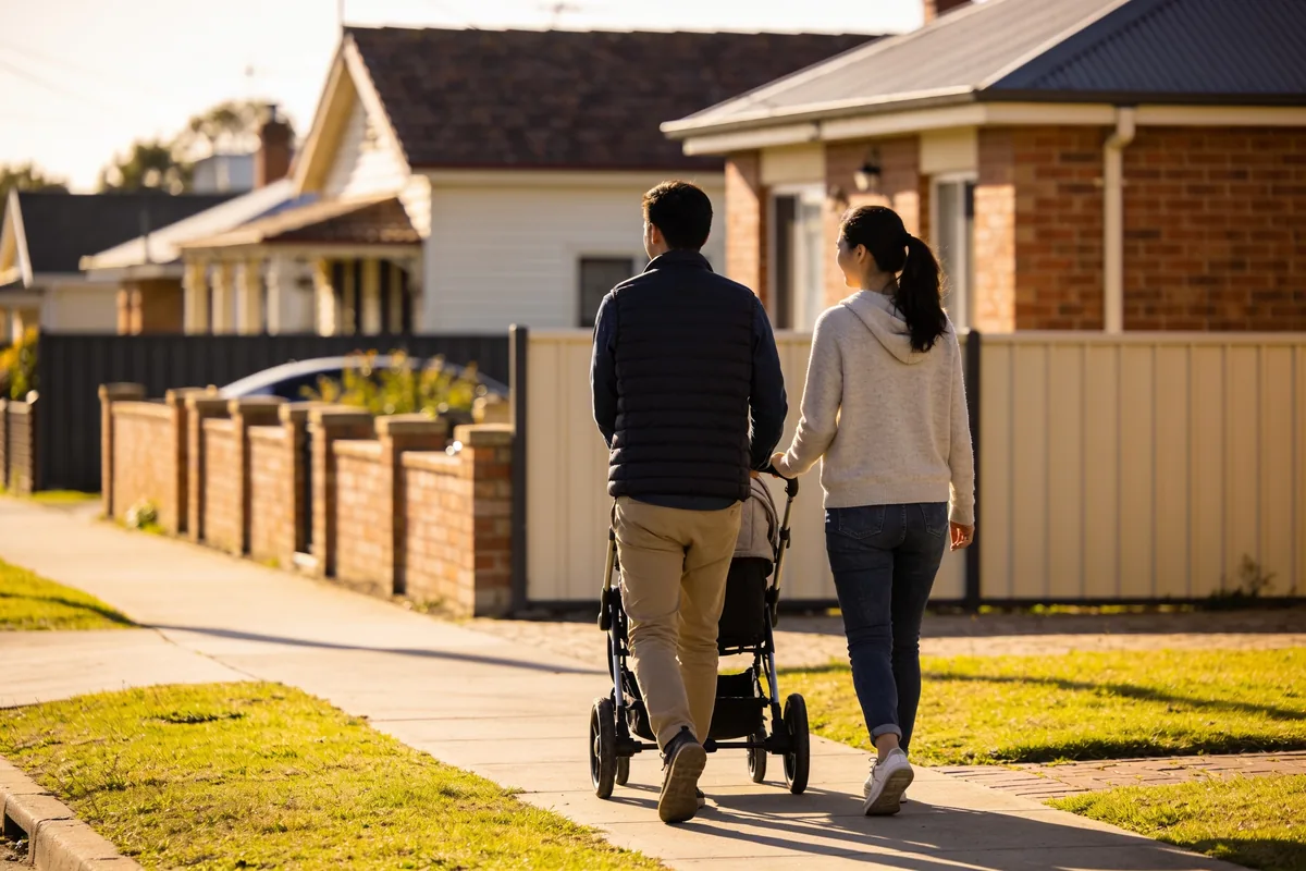 A young couple pushing a pram along a suburban footpath past brick and weatherboard houses on a clear afternoon