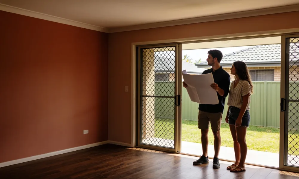 A young couple standing in an empty, sunlit living room with timber floors, one holding a large sheet of paper, looking out through sliding doors to a grassed backyard