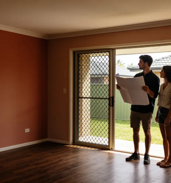 A young couple standing in an empty, sunlit living room with timber floors, one holding a large sheet of paper, looking out through sliding doors to a grassed backyard