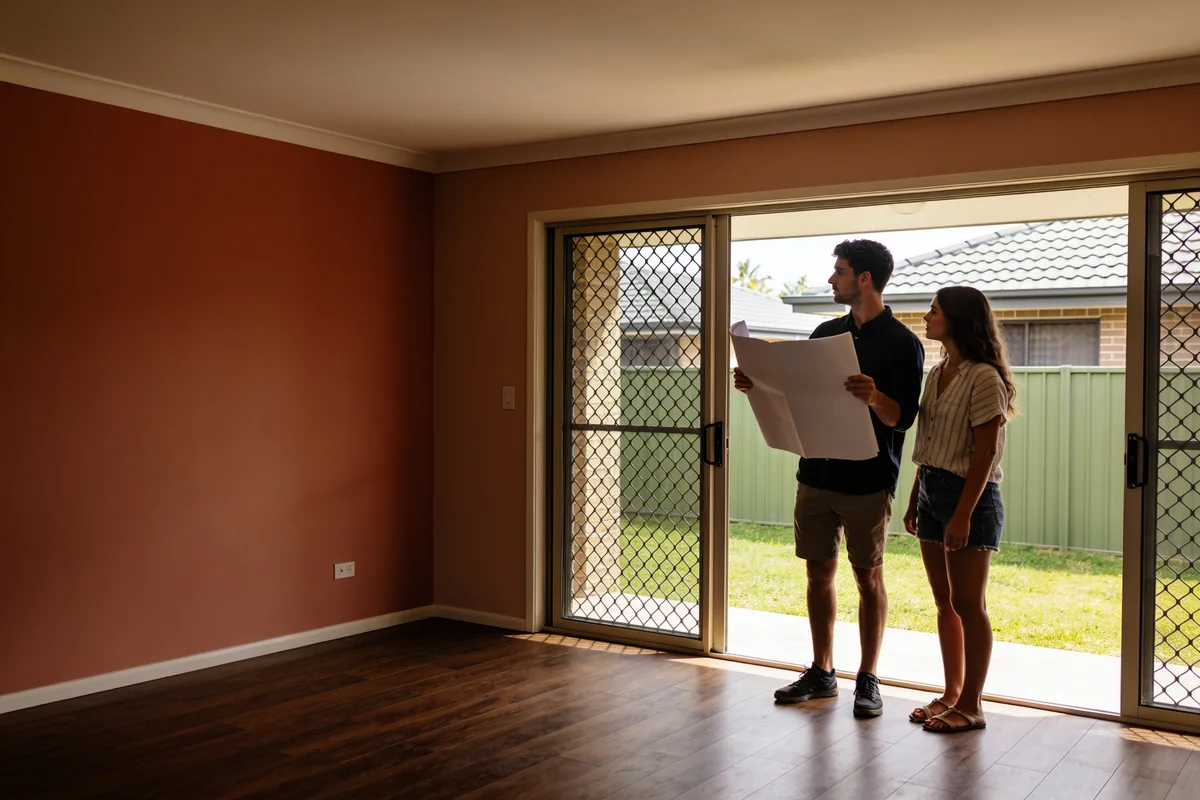 A young couple standing in an empty, sunlit living room with timber floors, one holding a large sheet of paper, looking out through sliding doors to a grassed backyard