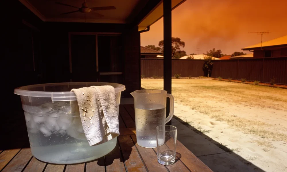 A shaded backyard patio on a hot afternoon with a tub of iced water and a wet face cloth, a jug of water and an empty glass on a timber table, beside a sun-bleached lawn under a hazy orange sky