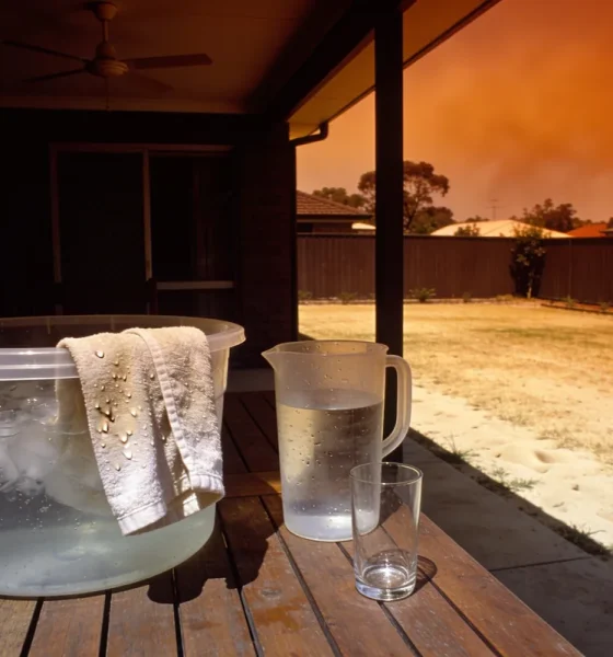 A shaded backyard patio on a hot afternoon with a tub of iced water and a wet face cloth, a jug of water and an empty glass on a timber table, beside a sun-bleached lawn under a hazy orange sky