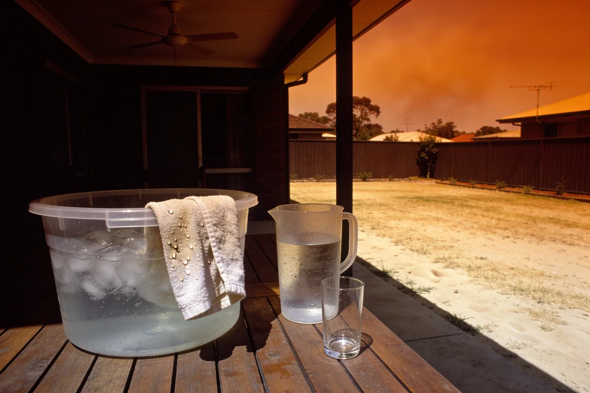A shaded backyard patio on a hot afternoon with a tub of iced water and a wet face cloth, a jug of water and an empty glass on a timber table, beside a sun-bleached lawn under a hazy orange sky
