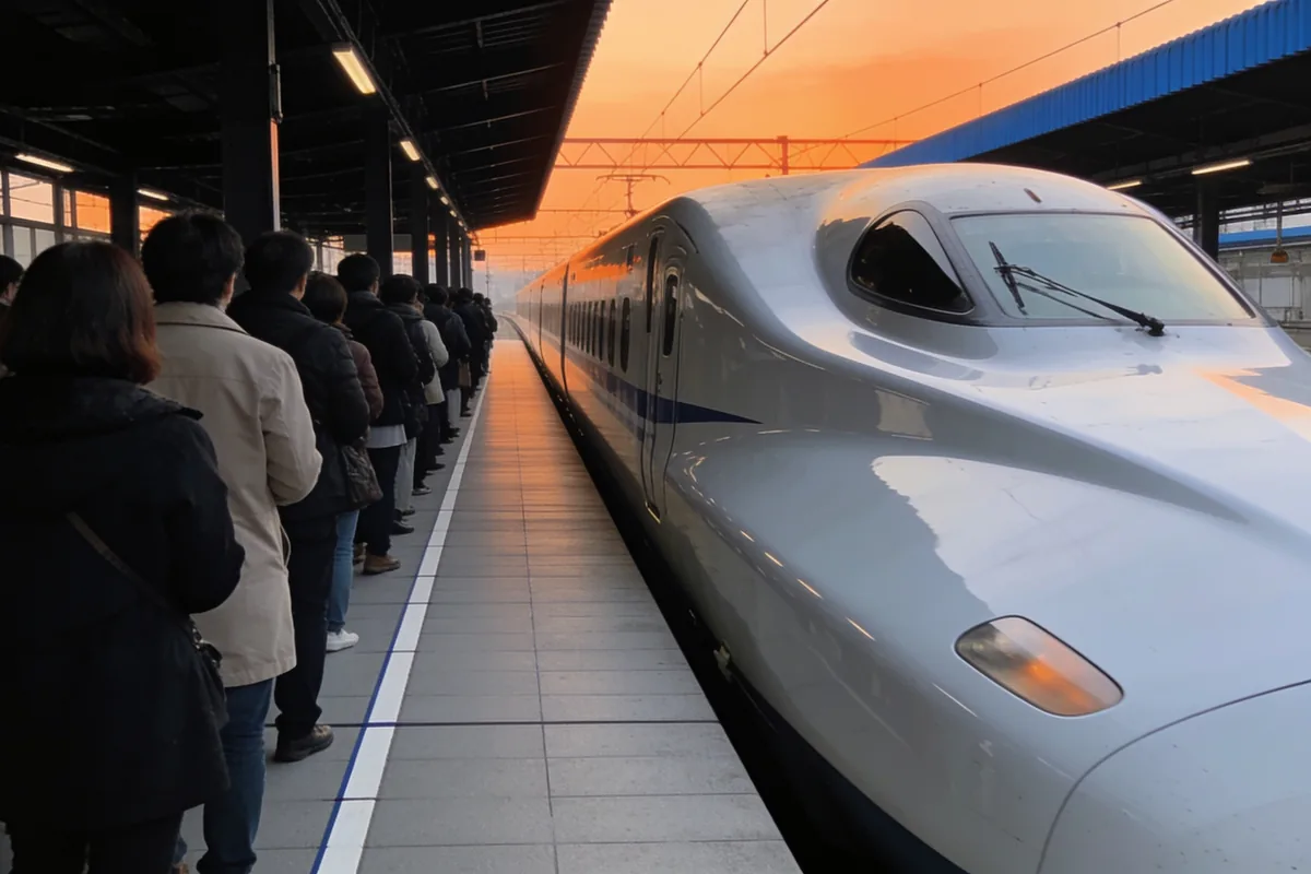 A white bullet train pulling into a station platform at sunrise beside a long orderly queue of travellers waiting behind the painted line