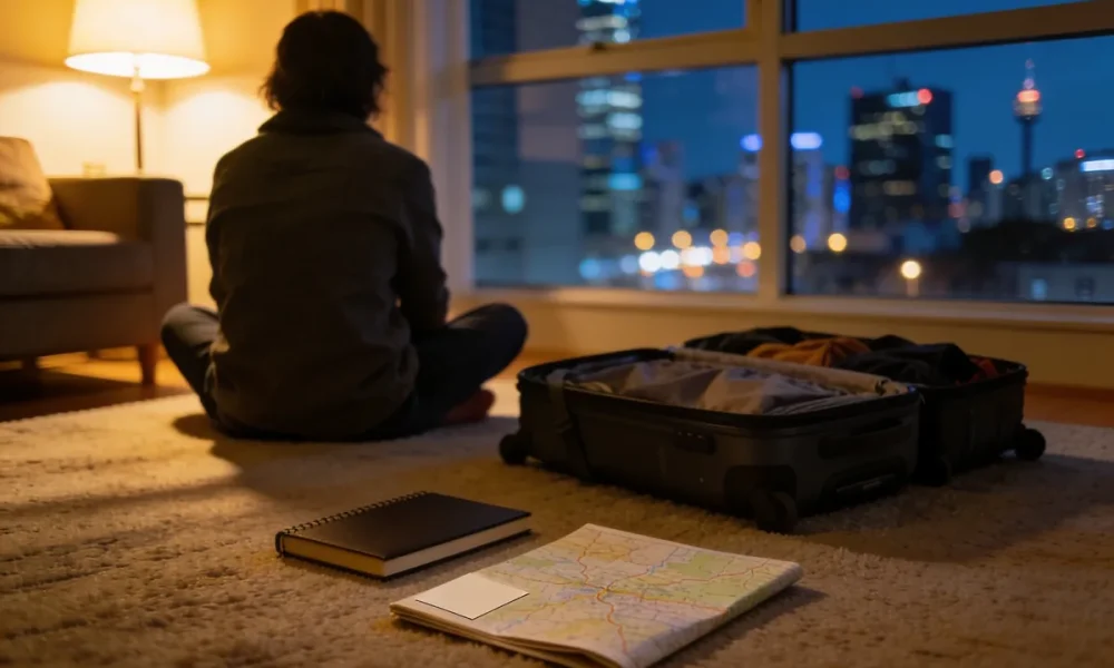 A traveller sitting cross-legged on the carpet of a city apartment at night, seen from behind, beside an open packed suitcase, a notebook and a folded road map, with city lights through the window
