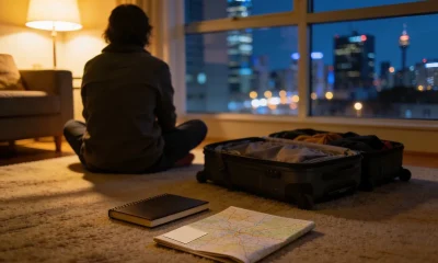 A traveller sitting cross-legged on the carpet of a city apartment at night, seen from behind, beside an open packed suitcase, a notebook and a folded road map, with city lights through the window