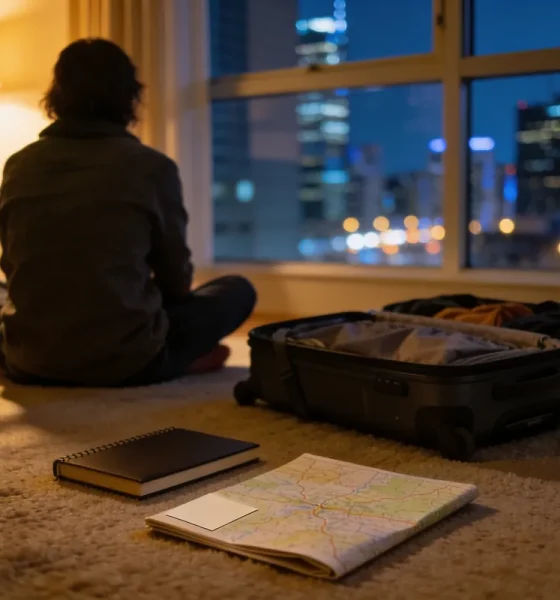 A traveller sitting cross-legged on the carpet of a city apartment at night, seen from behind, beside an open packed suitcase, a notebook and a folded road map, with city lights through the window