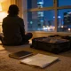 A traveller sitting cross-legged on the carpet of a city apartment at night, seen from behind, beside an open packed suitcase, a notebook and a folded road map, with city lights through the window