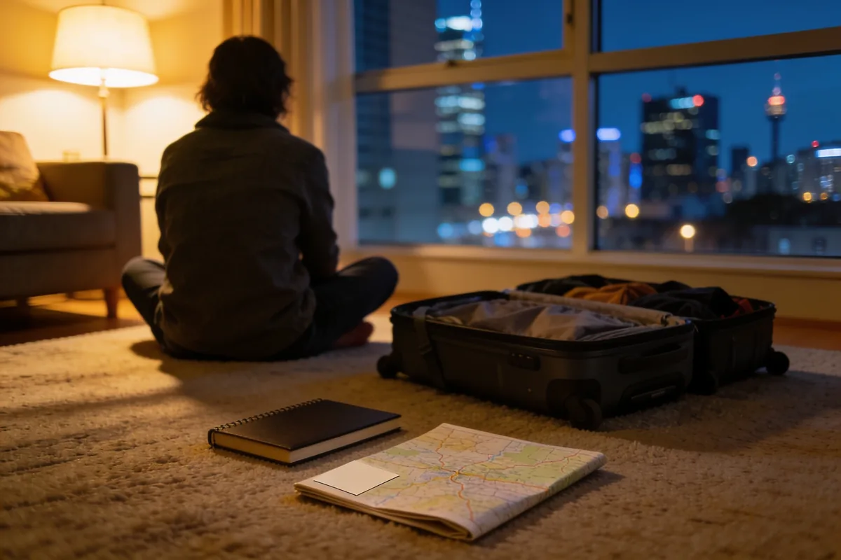 A traveller sitting cross-legged on the carpet of a city apartment at night, seen from behind, beside an open packed suitcase, a notebook and a folded road map, with city lights through the window