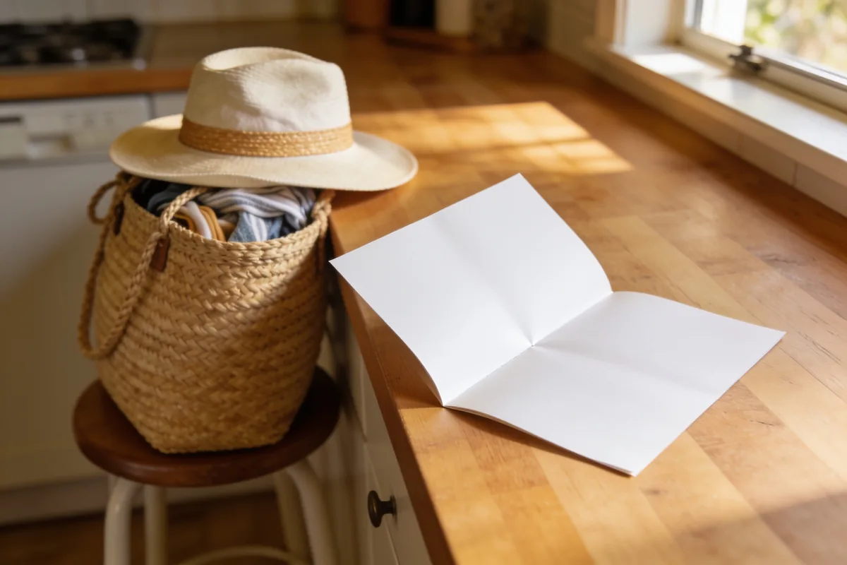 A straw beach bag with a sun hat on top, sitting on a stool beside a timber kitchen bench where a folded sheet of blank paper lies open in morning light
