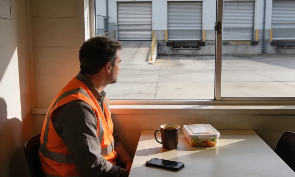 A worker in an orange hi-vis vest at a break room table with a coffee mug, a lunch box and a phone face down, looking out at the closed roller doors of a quiet loading dock