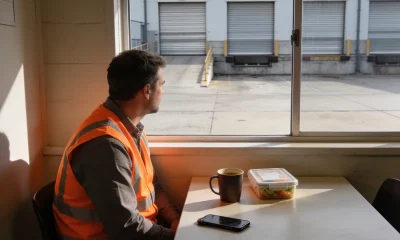 A worker in an orange hi-vis vest at a break room table with a coffee mug, a lunch box and a phone face down, looking out at the closed roller doors of a quiet loading dock