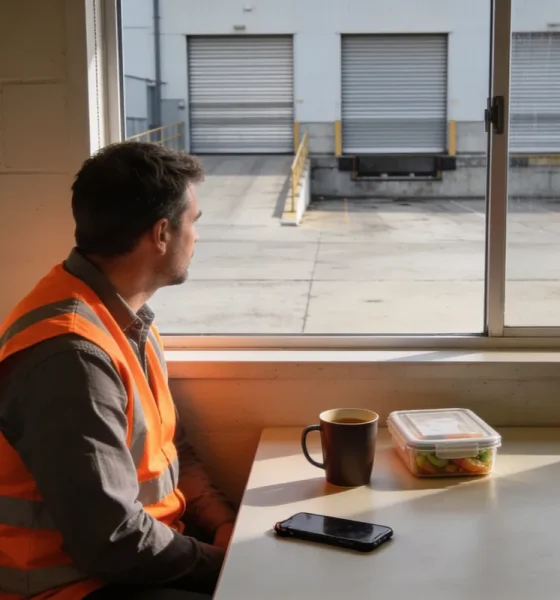 A worker in an orange hi-vis vest at a break room table with a coffee mug, a lunch box and a phone face down, looking out at the closed roller doors of a quiet loading dock