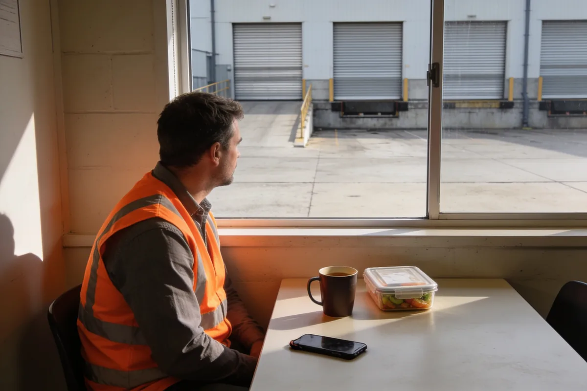 A worker in an orange hi-vis vest at a break room table with a coffee mug, a lunch box and a phone face down, looking out at the closed roller doors of a quiet loading dock