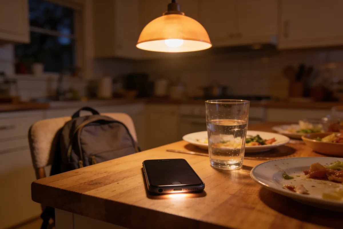 A phone with a dark screen lying on a timber kitchen bench beside a glass of water and half-cleared dinner plates, under a warm pendant light, with a school backpack on a chair behind
