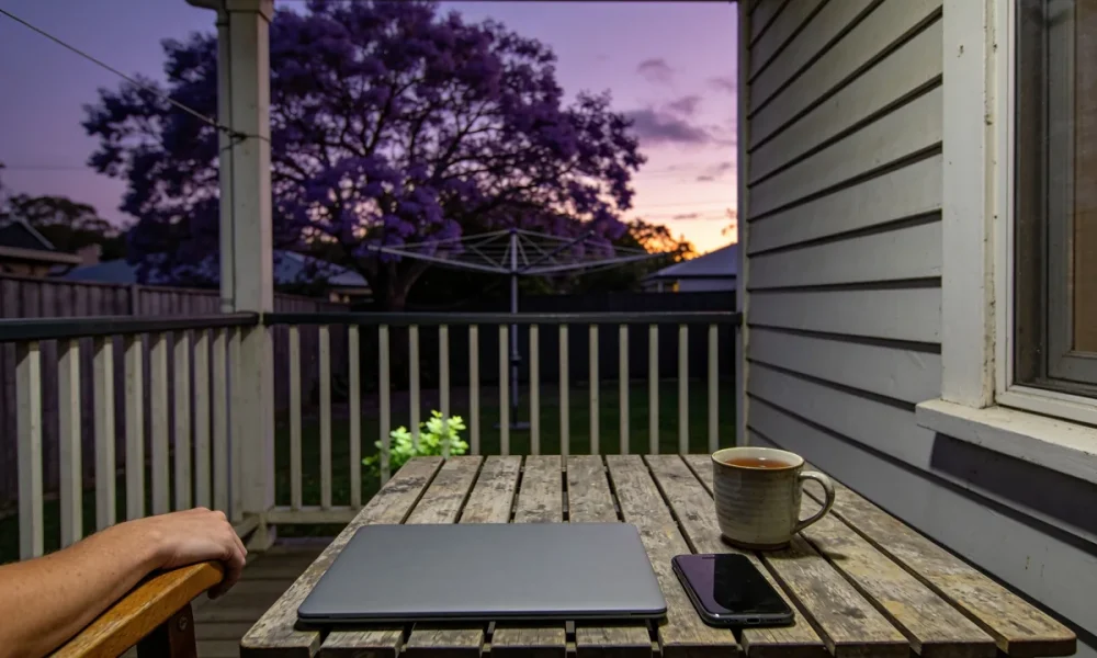 A closed laptop, a dark phone and a mug of tea on a timber table on a weatherboard verandah at dusk, a forearm resting on a chair arm, with a flowering jacaranda and a Hills hoist in the backyard