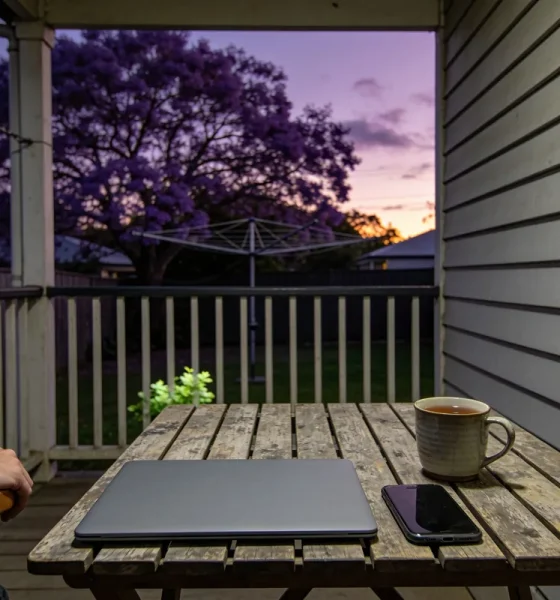 A closed laptop, a dark phone and a mug of tea on a timber table on a weatherboard verandah at dusk, a forearm resting on a chair arm, with a flowering jacaranda and a Hills hoist in the backyard