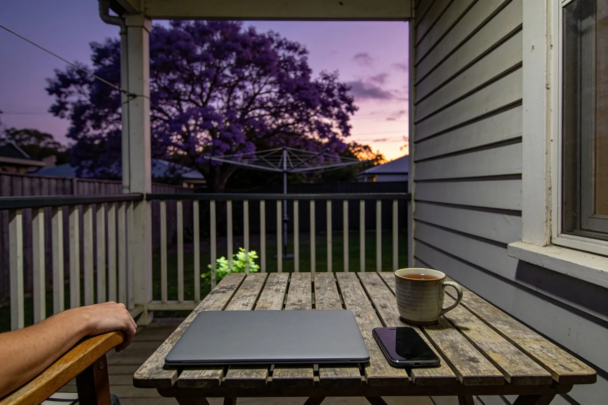 A closed laptop, a dark phone and a mug of tea on a timber table on a weatherboard verandah at dusk, a forearm resting on a chair arm, with a flowering jacaranda and a Hills hoist in the backyard