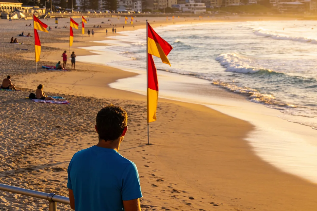 A man in a blue shirt watching the surf from a beach railing in early morning light, with red and yellow patrol flags on the sand and swimmers between them